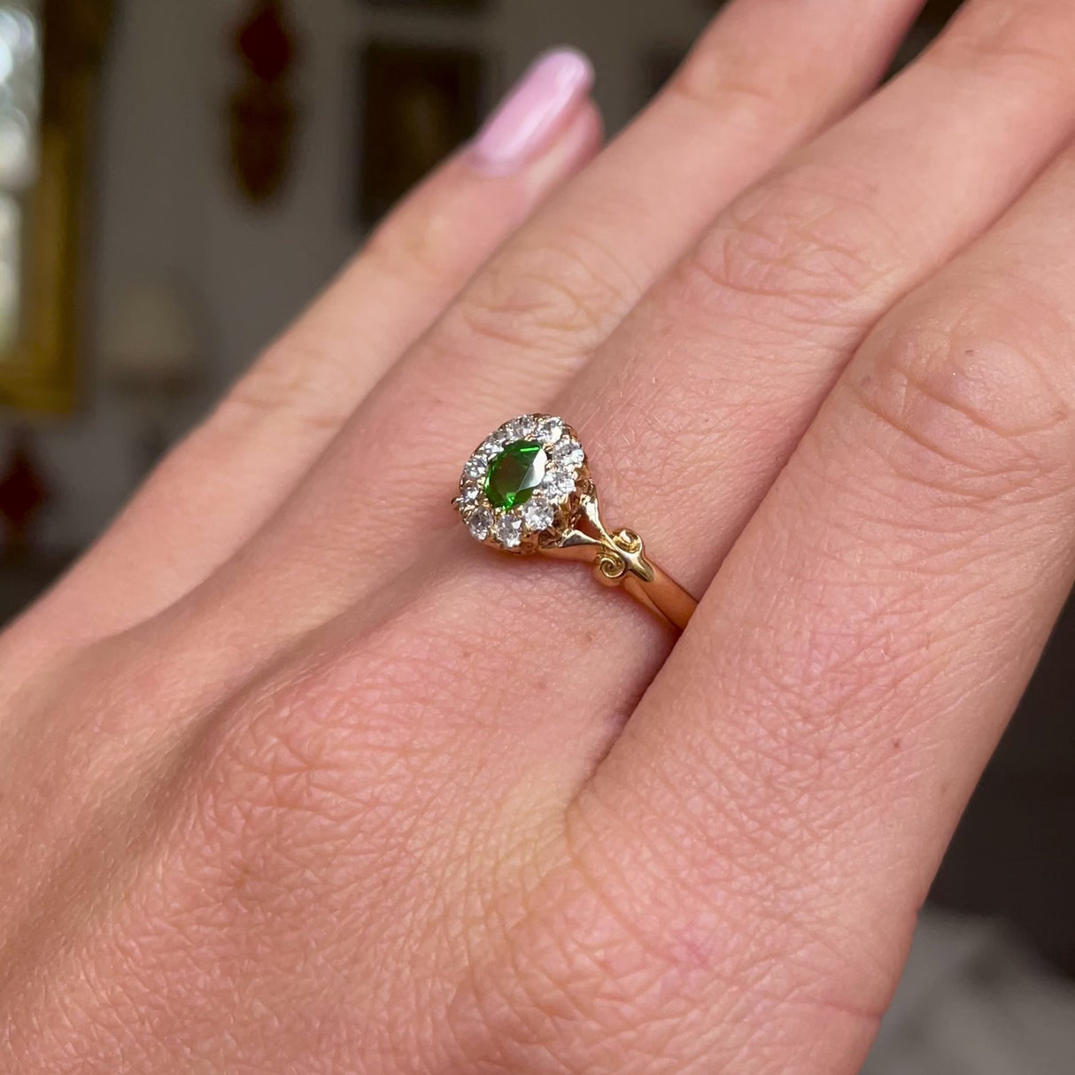 Edwardian | Vibrant Demantoid Garnet & Diamond Cluster, 18ct Gold