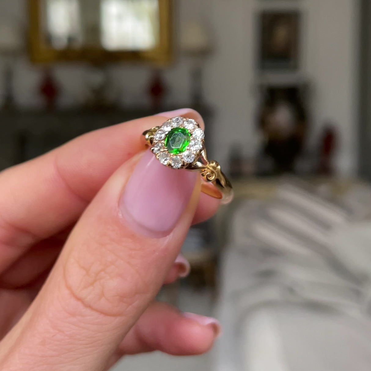 Edwardian | Vibrant Demantoid Garnet & Diamond Cluster, 18ct Gold