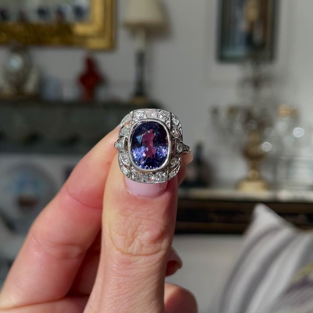 Belle Époque lavender purple spinel and diamond cluster ring, 18ct yellow gold