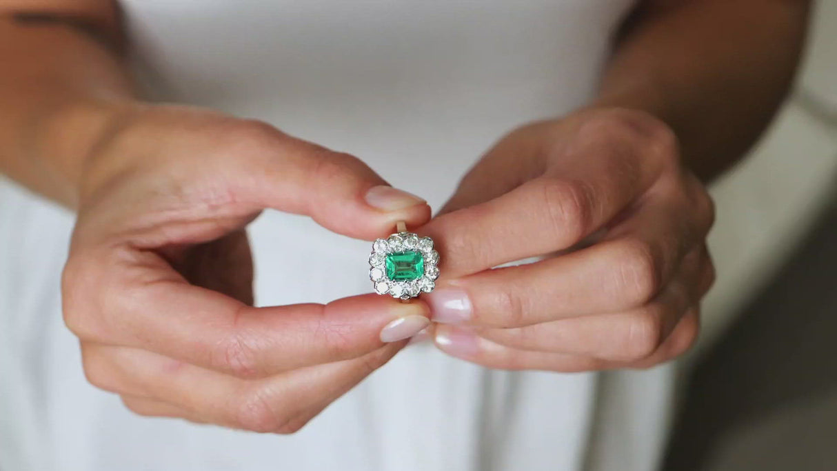 Engagement | 18ct white gold, Colombian emerald and diamond cluster ring
