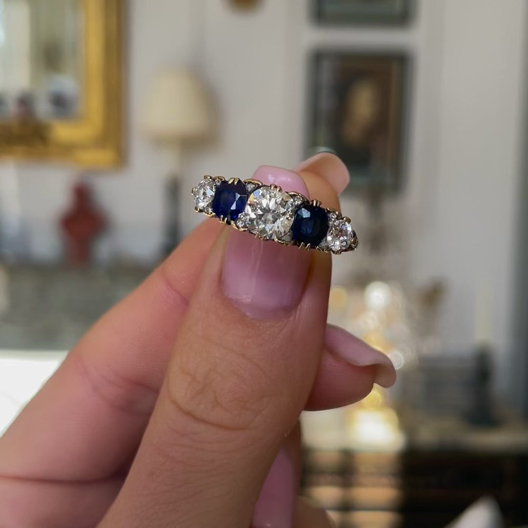 Victorian, 18ct Gold, Sapphire and Diamond Carved Half Hoop Engagement Ring