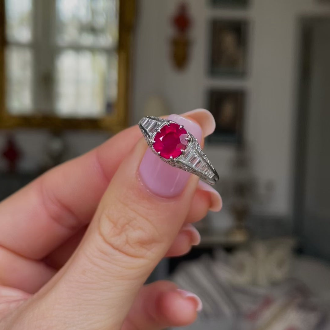 Art Deco Platinum Burmese Ruby and Diamond Ring Antique Ring