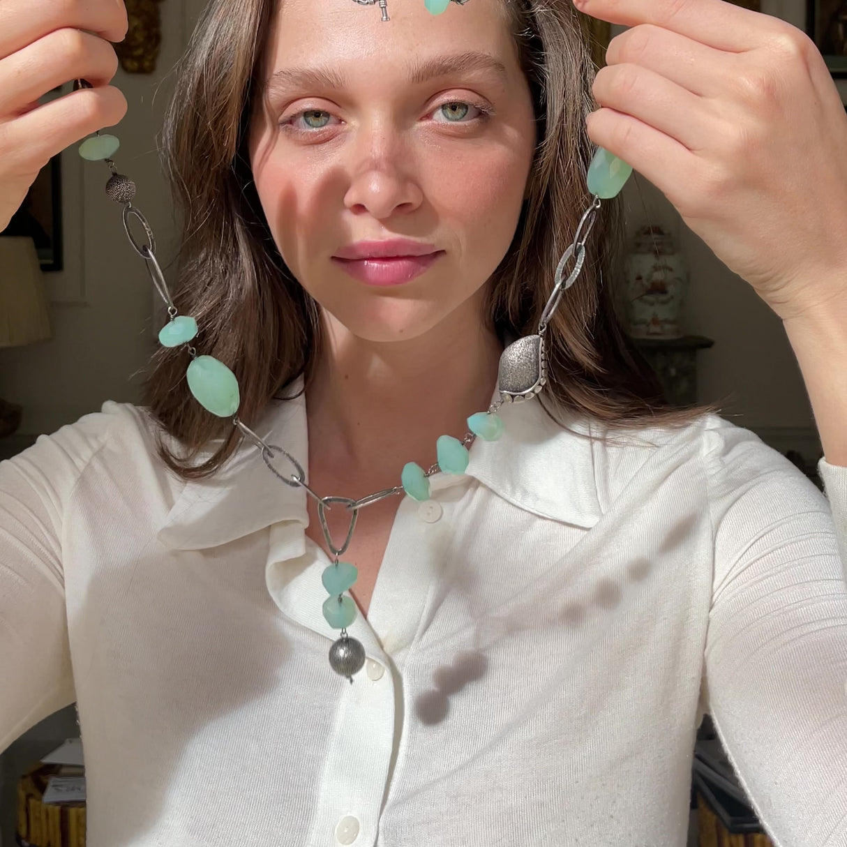 Hammered Links | Long Faceted Chrysoprase Necklace, Silver