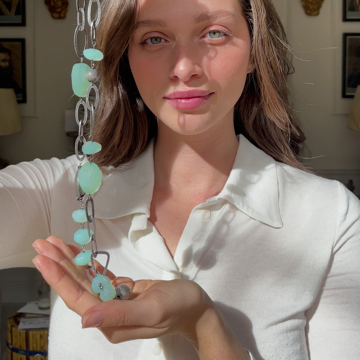 Hammered-Link-Chrysoprase-Necklcace-Silver-Vintage-Antique-Jewellery