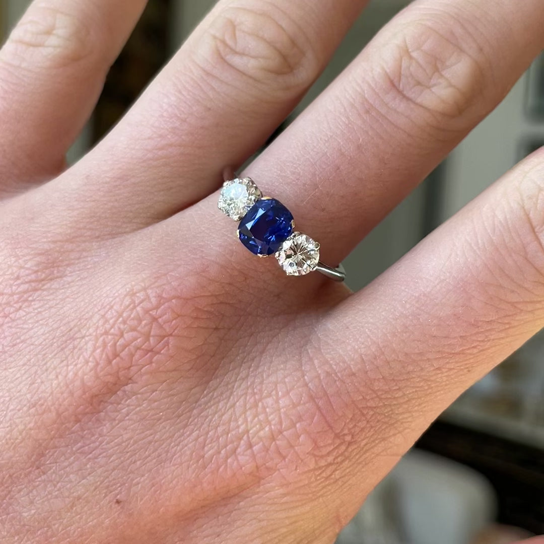 Sold! vintage, platinum, ceylon sapphire & diamond three stone ring