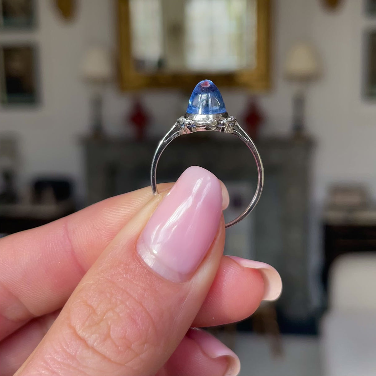 Art Deco, cabochon sri lankan sapphire & diamond ring
