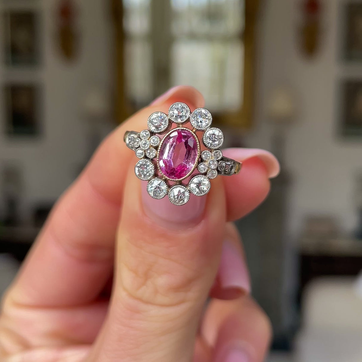 Belle Époque, synthetic peach sapphire and diamond cluster ring, 14ct yellow gold