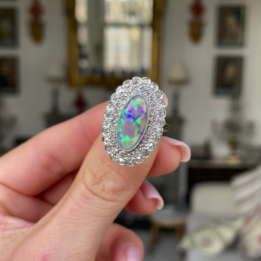 Vintage, Art Deco crystal opal & diamond cocktail ring
