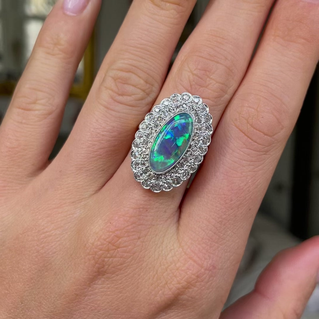 Vintage, Art Deco crystal opal & diamond cocktail ring