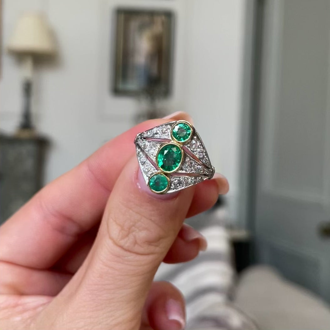 Art Deco, French, platinum, emerald and diamond ring