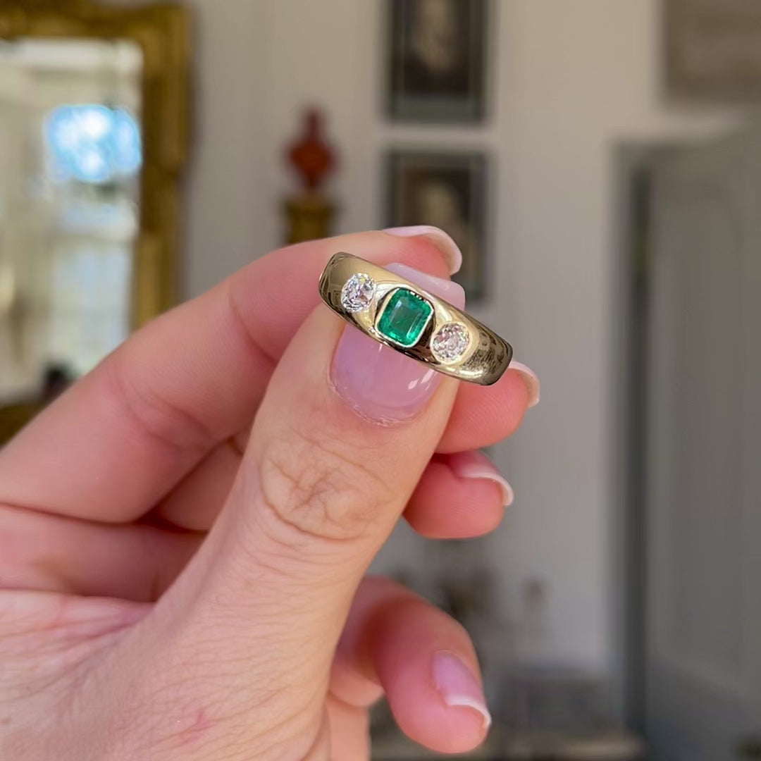 Antique emerald and diamond three stone gypsy ring, 18ct yellow gold