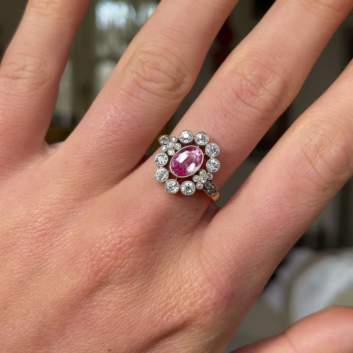 Belle Époque, synthetic peach sapphire and diamond cluster ring, 14ct yellow gold