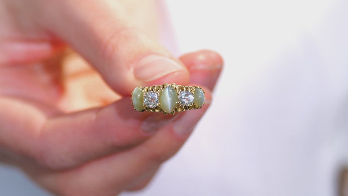 Victorian, 18ct gold, cats-eye chrysoberyl and diamond five-stone ring