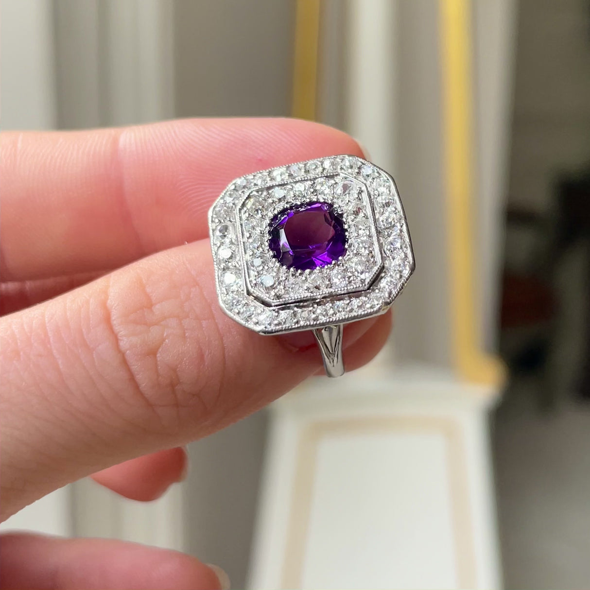Art Deco, platinum, amethyst and diamond cocktail ring