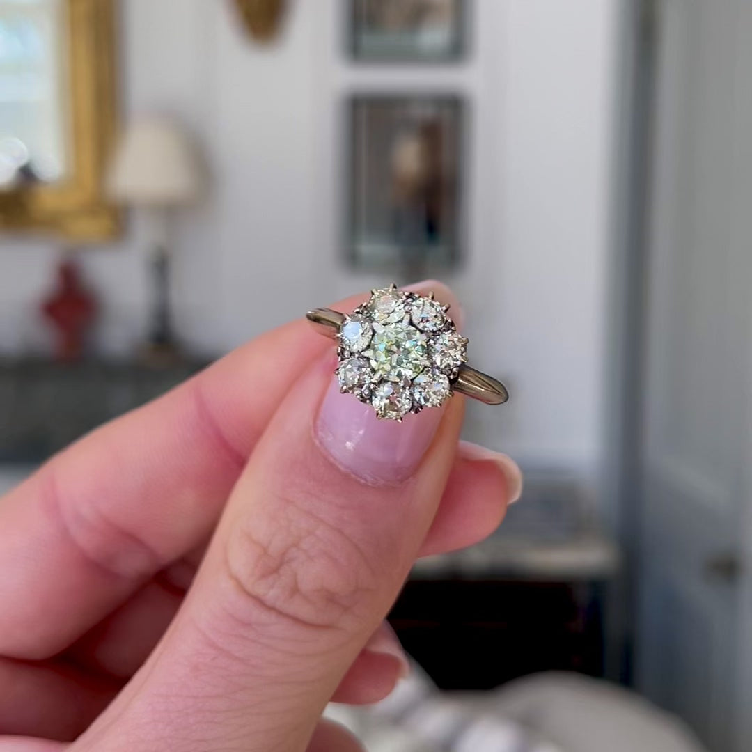 Antique green-yellow diamond cluster engagement ring