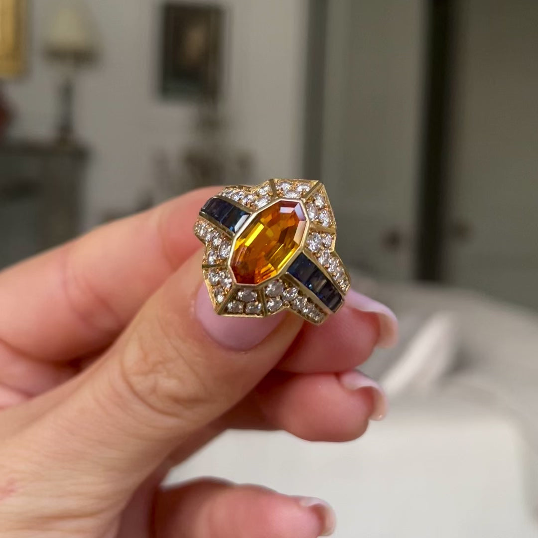 Vintage chaumet | orange sapphire, diamond and blue sapphire cocktail ring, signed