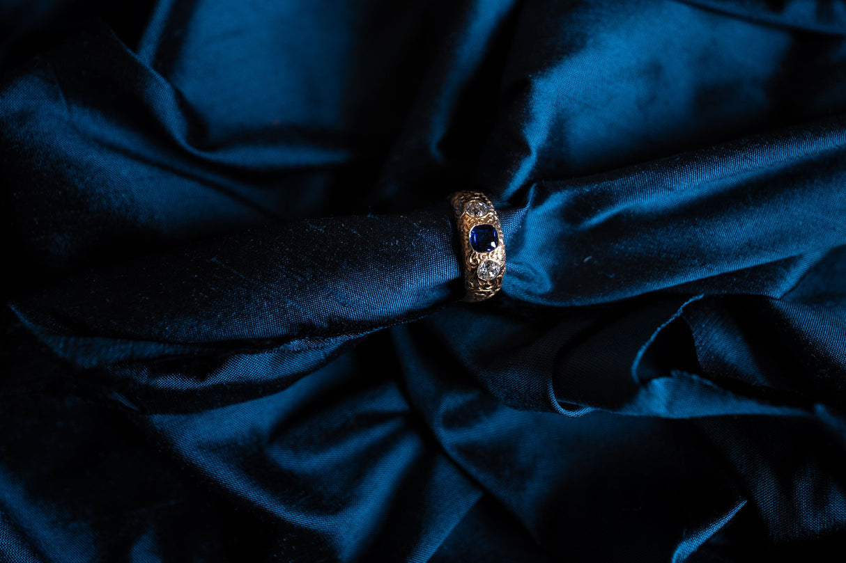 Victorian, 14ct Gold, Sapphire and Diamond Gypsy Ring  |Antique Ring Boutique | Sustainable Antique Rings | Rare Antique Rings | Bespoke Untreated Vintage Antique Rings | An Antique Jewellery Company 
