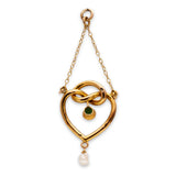 Edwardian | Lovers-Knot, Green Garnet and Pearl Heart Pendant, 15ct Yellow Gold