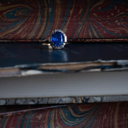 Art Deco Burmese Sapphire and Diamond Cluster Engagement Ring