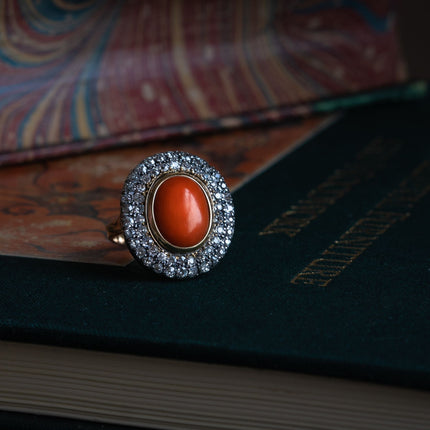 Georgian, 19th Century, 18ct Gold, Coral and Diamond Cluster Ring