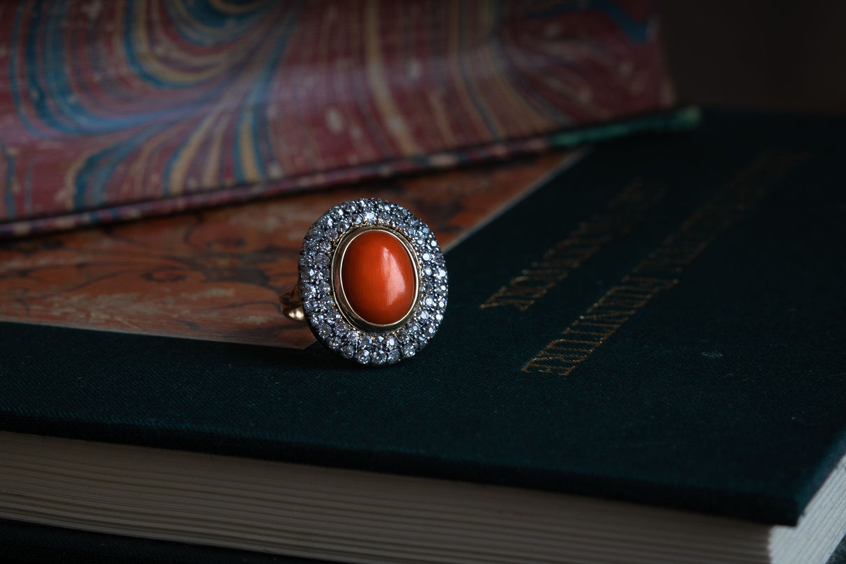 Georgian, 19th Century, 18ct Gold, Coral and Diamond Cluster Ring